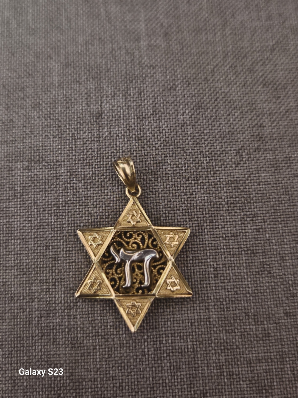 14K Soild Two-Tone Gold Star Of David With Chai Charm Pendant Oroamerica